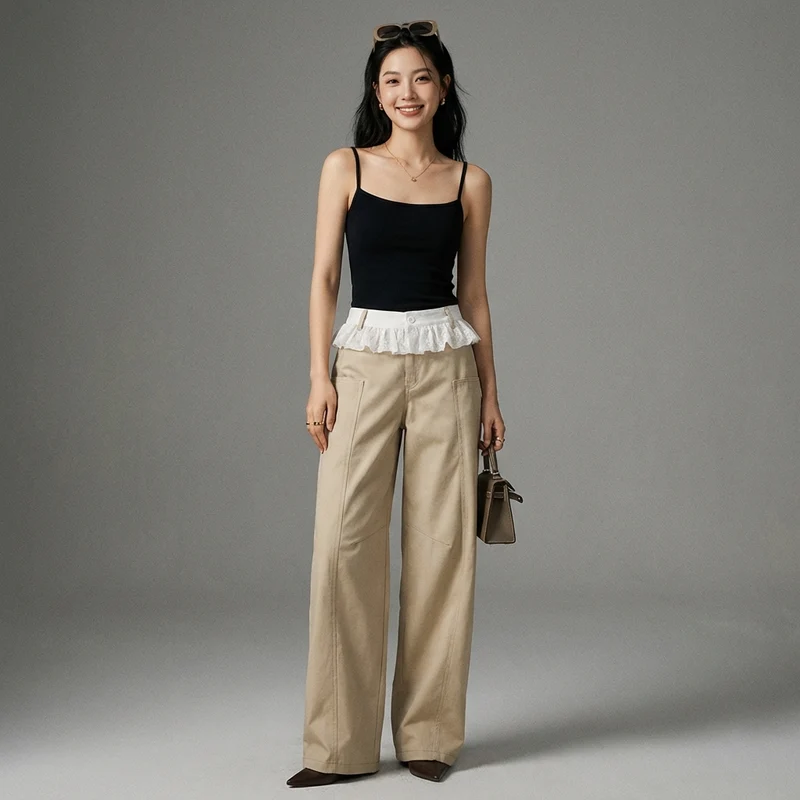 Pantalon Large Taille Haute Dentelle