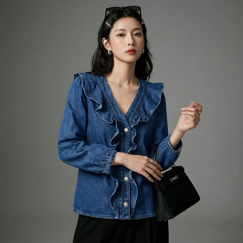 Chemise en Denim Volants Col V