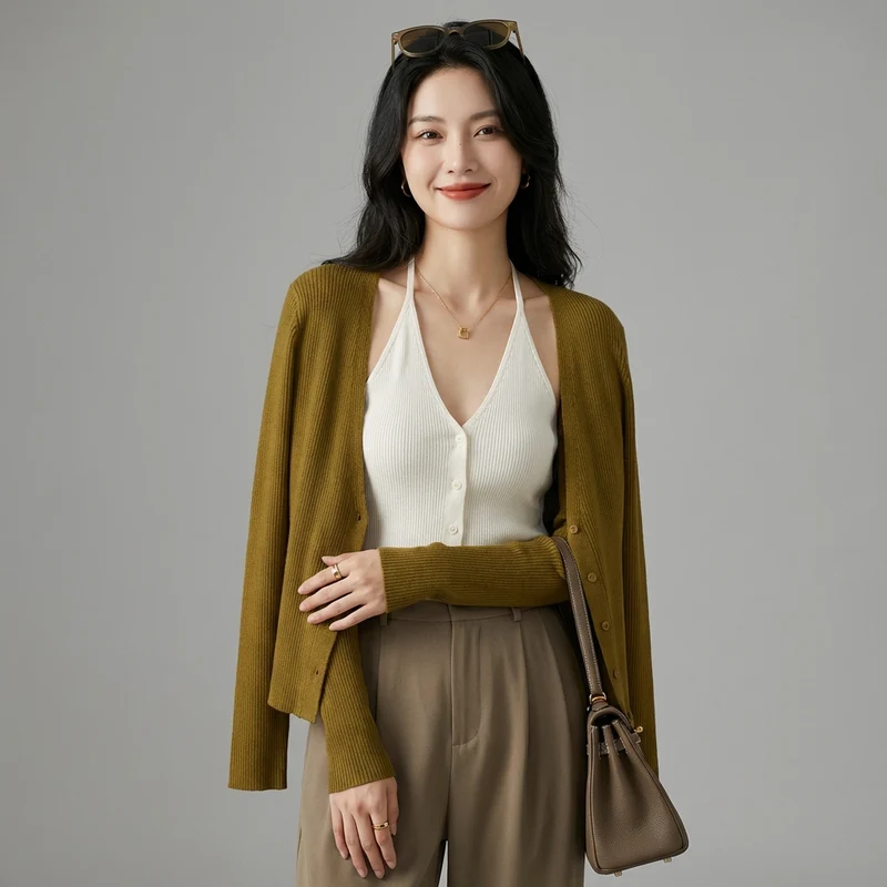 Cardigan Col V Ajusté Manches Longues