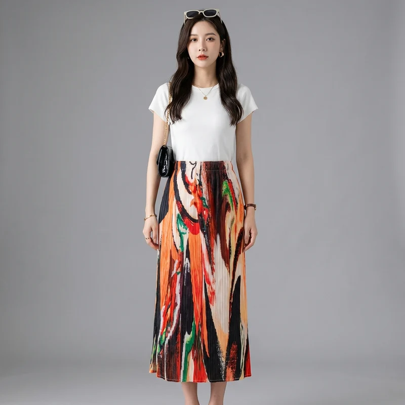 Jupe Plissée Imprimée Taille Haute