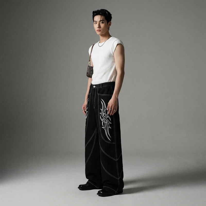 Jean Large Brodé Streetwear