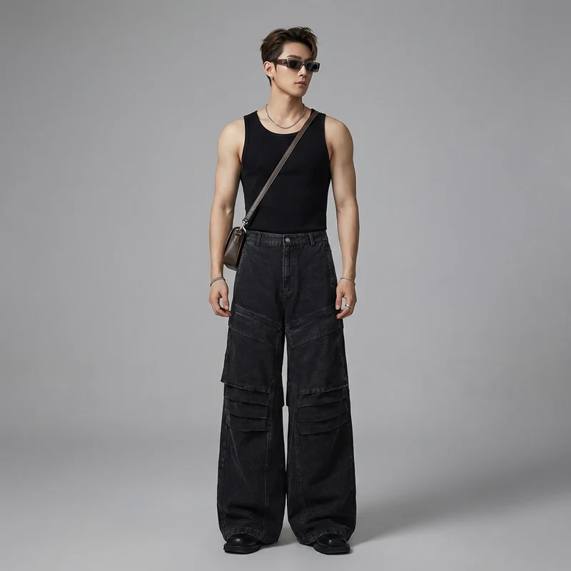 Pantalon Cargo Denim Plissé