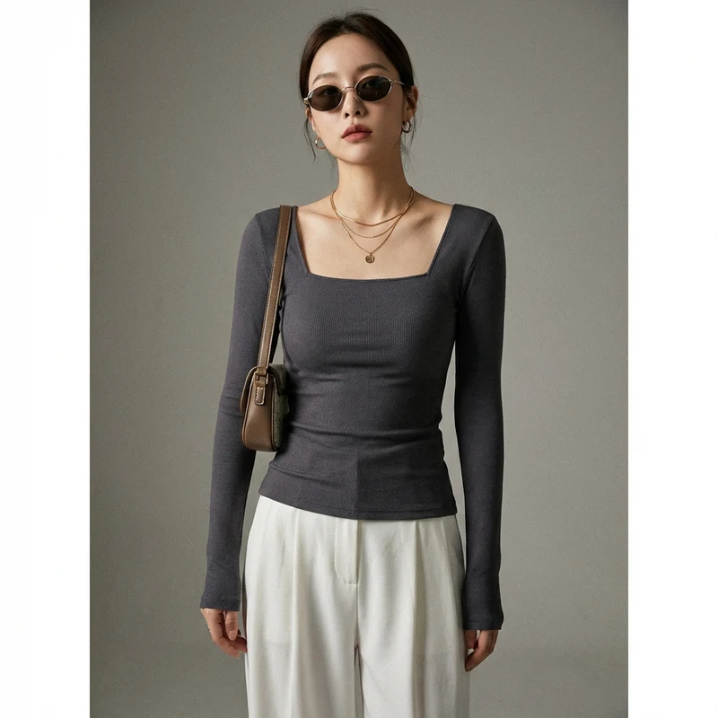 T-shirt Col Carré Manches Longues