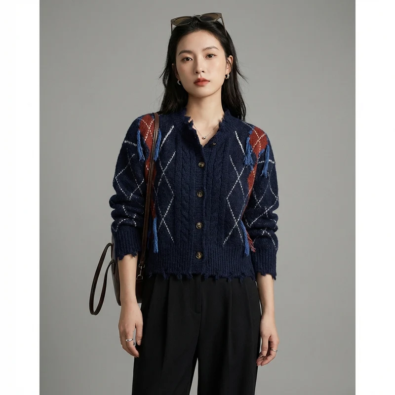 Cardigan Tricot Diamant Contrasté
