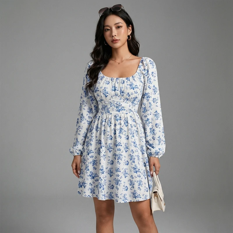 Robe Courte Florale Col Carré