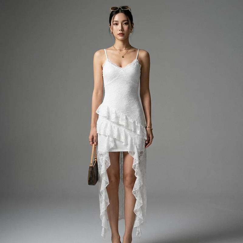 Robe Camisole Fendue en Dentelle
