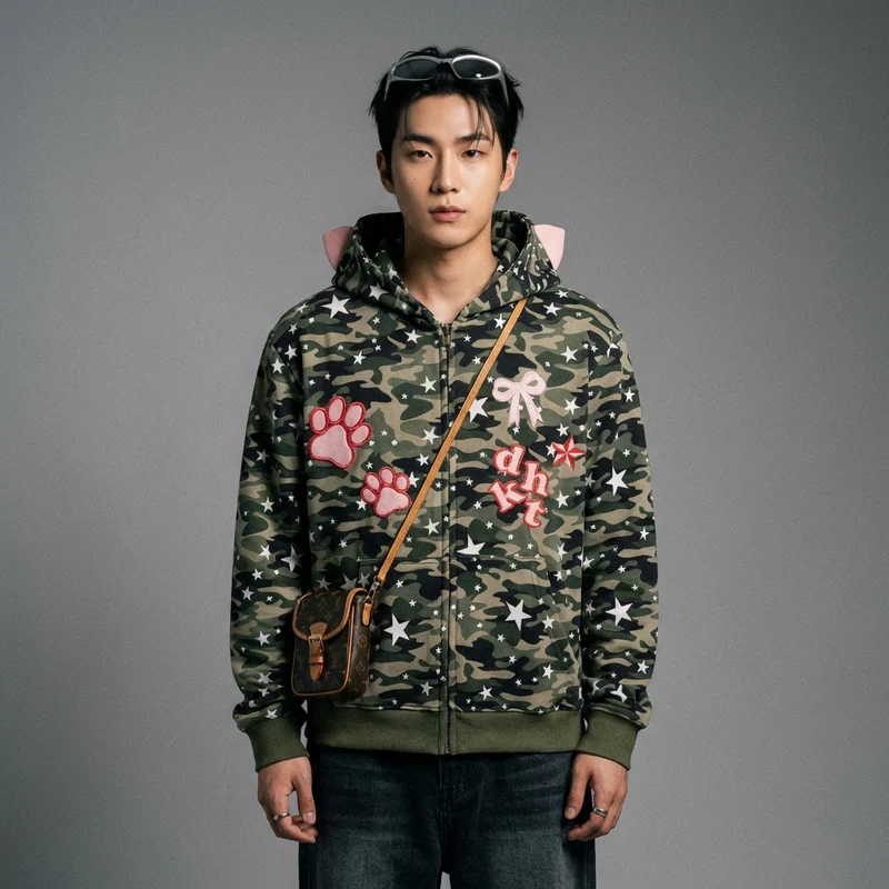Cardigan Camouflage Brodé Unisexe