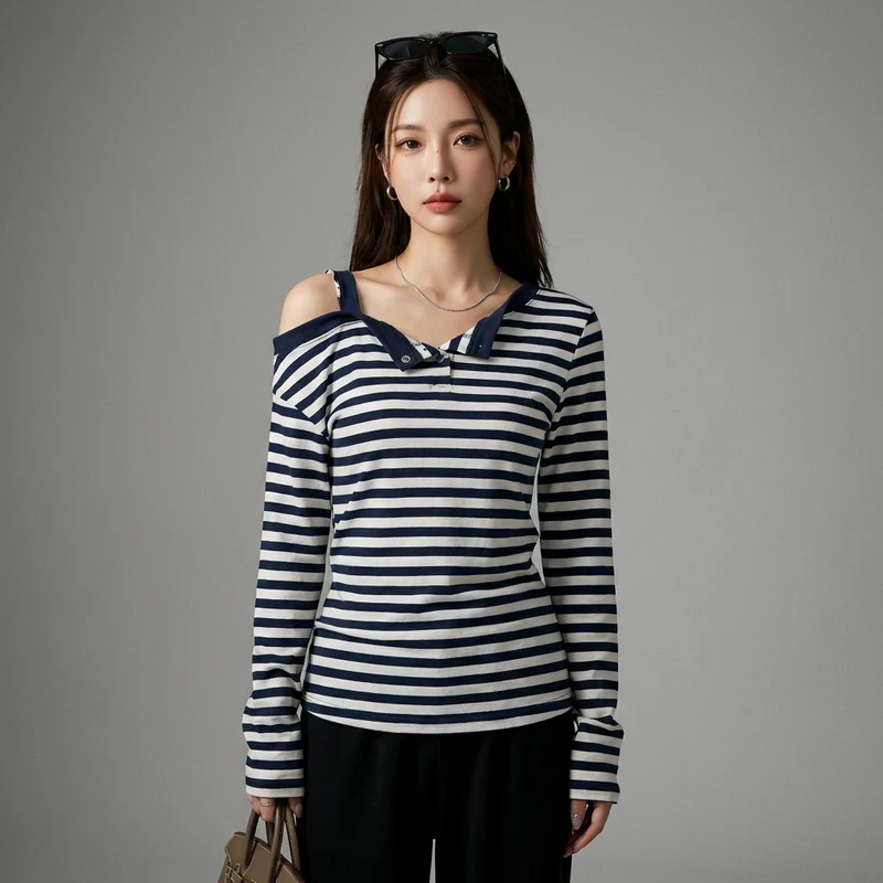 T-Shirt Asymétrique Rayé Coréen