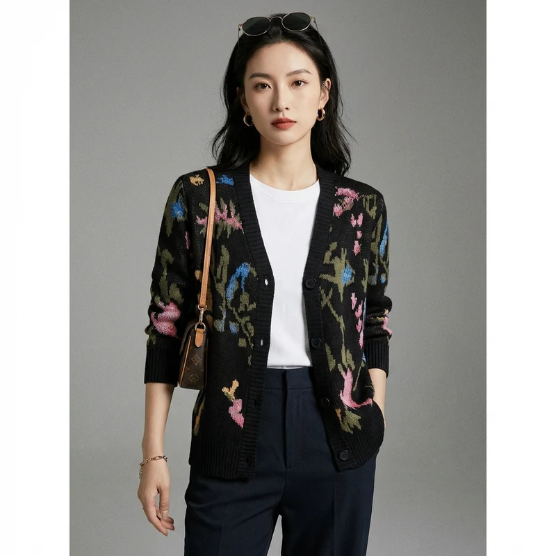 Cardigan Tricot Fleurs Col V