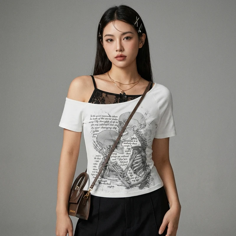 T-Shirt Crâne Épaule Dénudée Streetwear