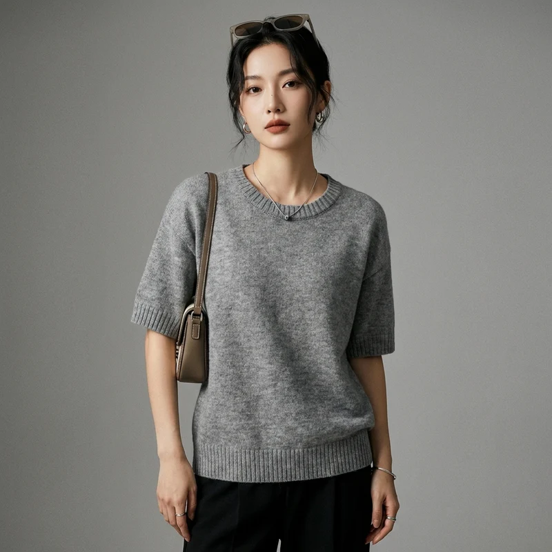 Pull Tricoté Gris Col Rond