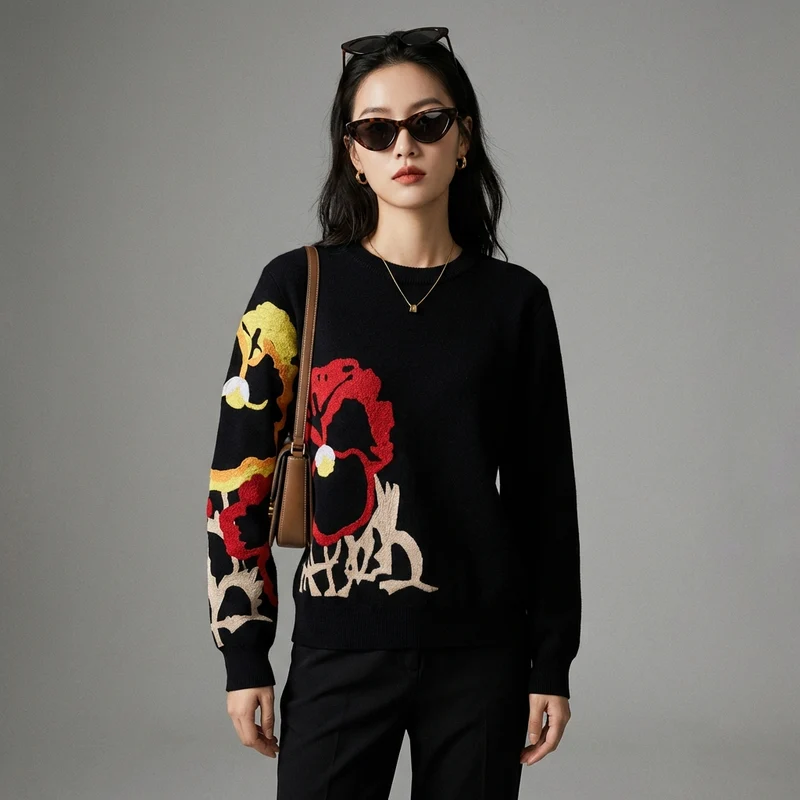Pull Jacquard Brodé Col Rond