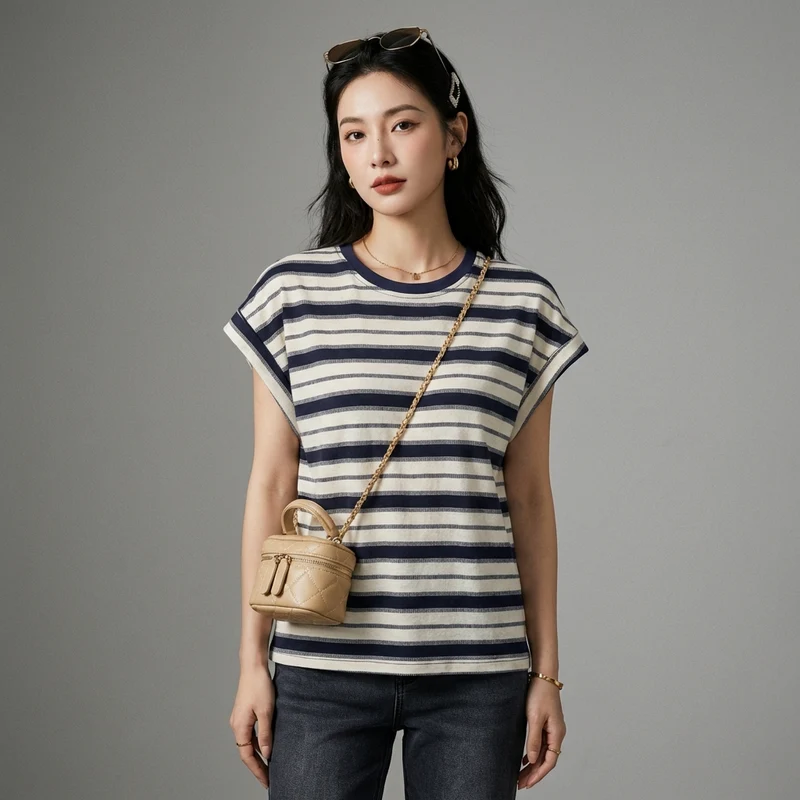 T-Shirt Rayures Color Block Manches Volantes
