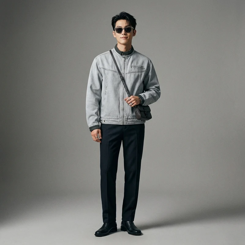 Veste Denim Streetwear Col Montant