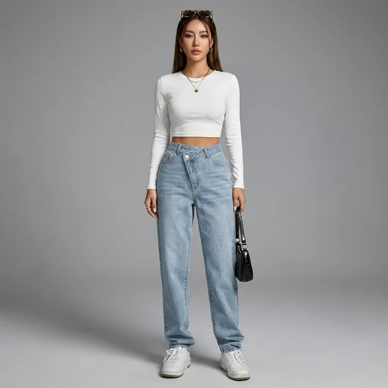 Jean Denim Taille Haute Décontracté
