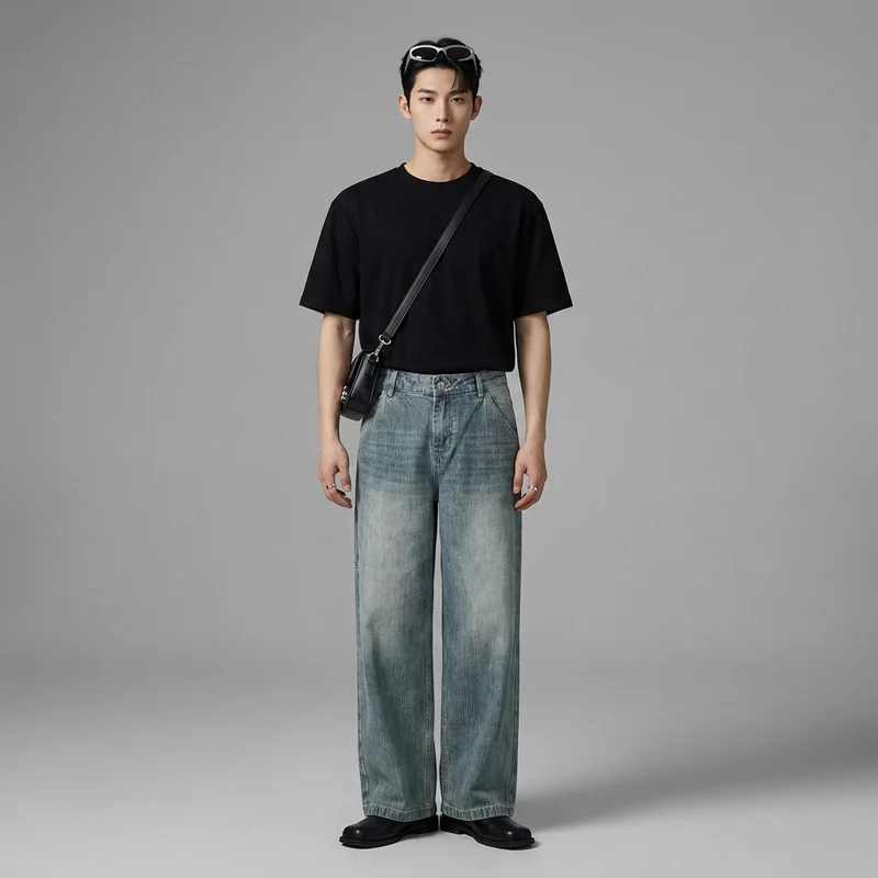 Pantalon Jean Large Délavé Streetwear