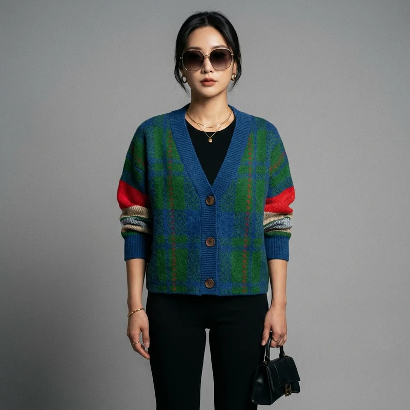 Cardigan Tricoté à Carreaux