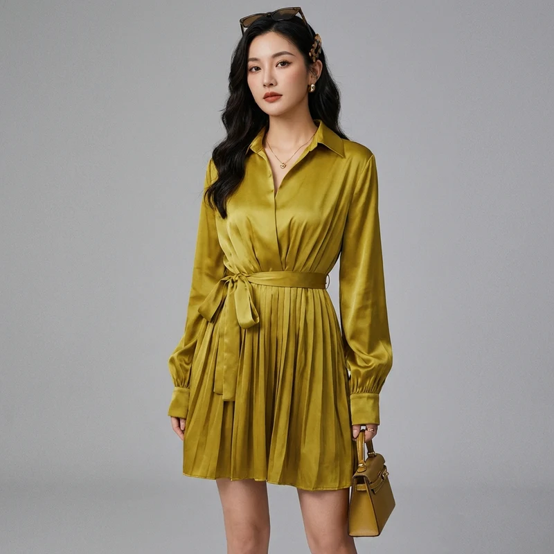 Robe Plissée Col Polo Ceinturée