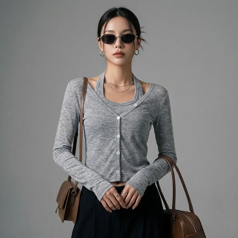 Top Tricot Manches Longues Faux Deux Pièces