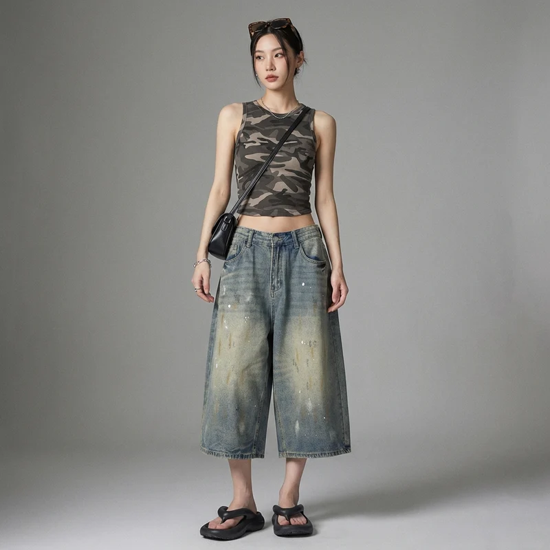 Pantalon Denim Large Effet Peinture