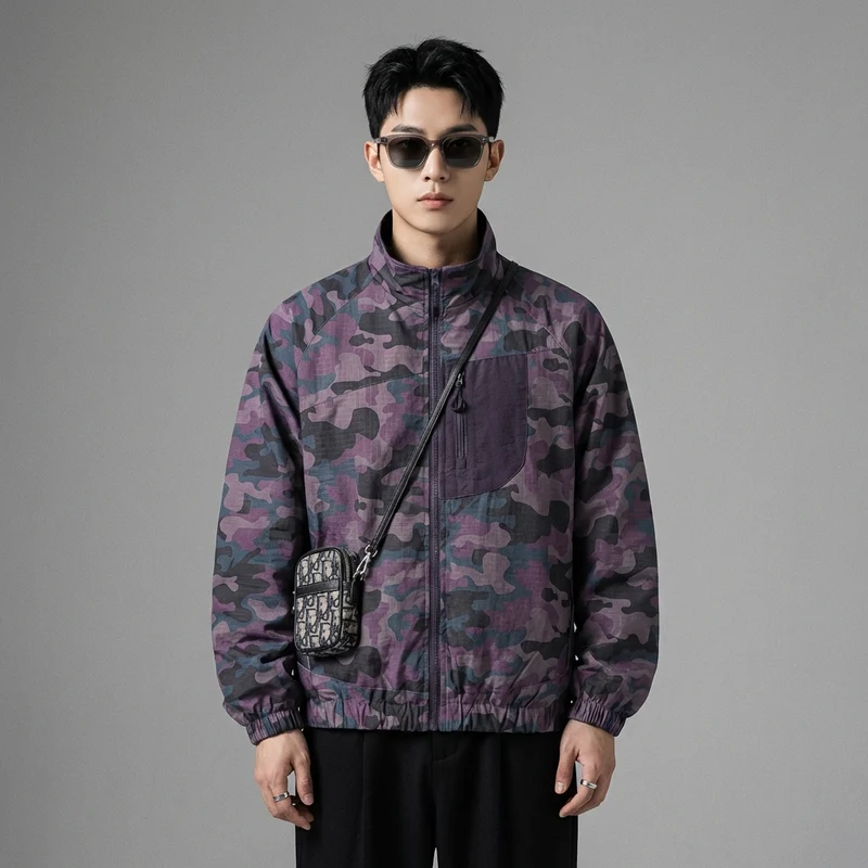 Veste Camouflage Loose Fit Col Montant