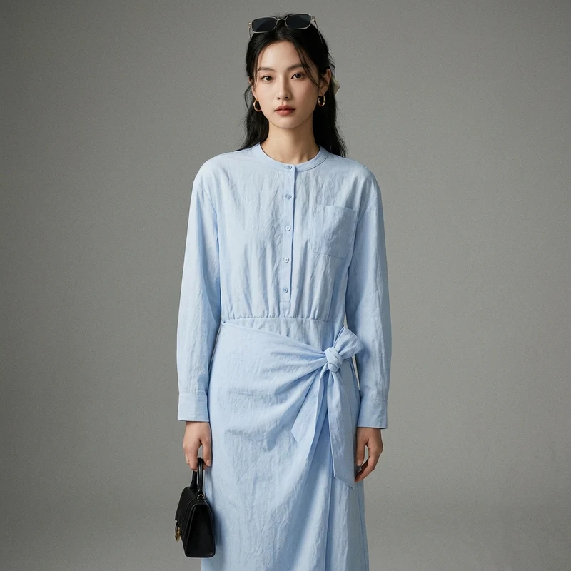 Robe Longue Tie-Waist Bleu Ciel