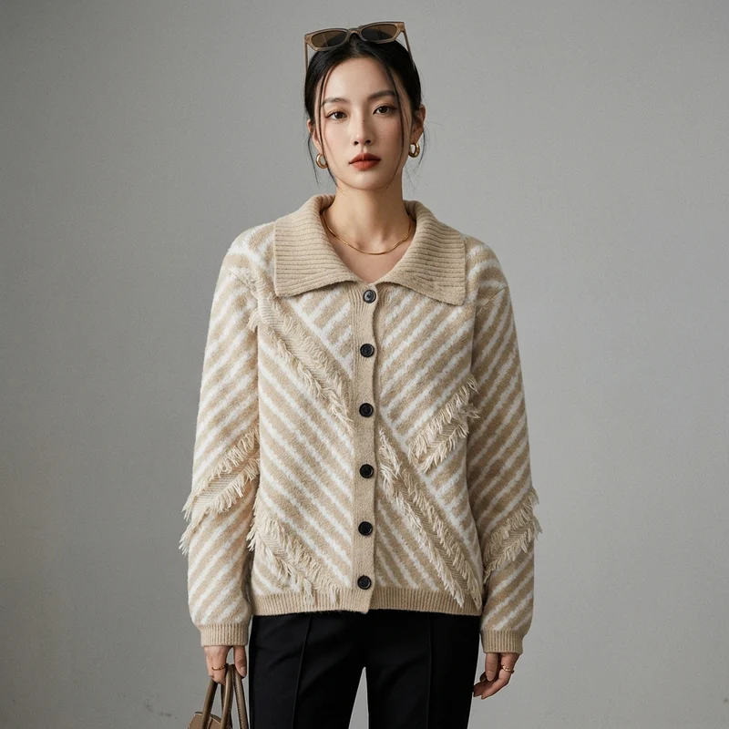 Cardigan Polo Rayé Décontracté