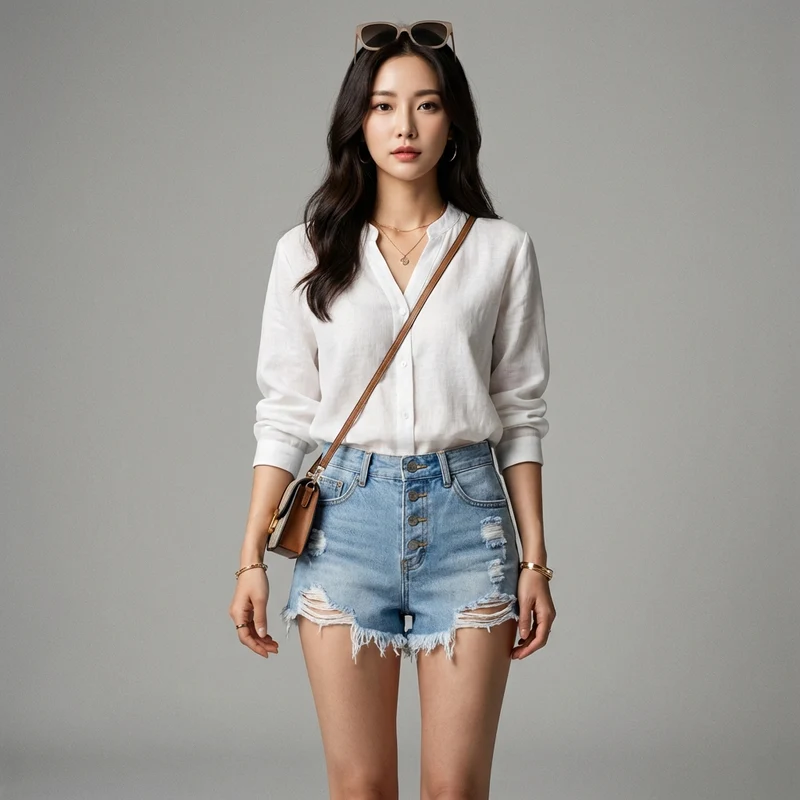 Short en Jean Taille Haute Effet Délavé