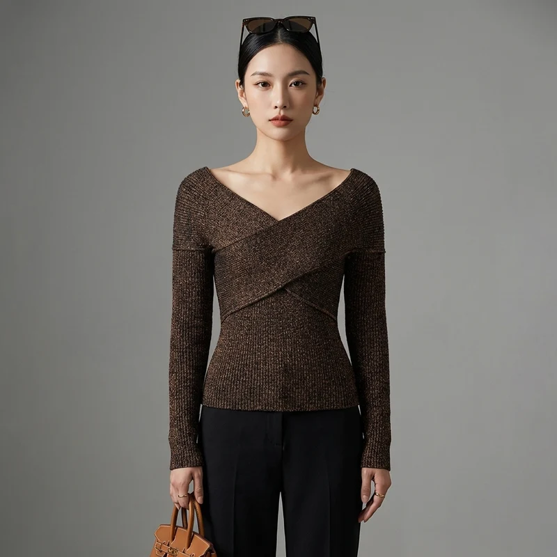 Pull Col V Crop Top Manches Longues