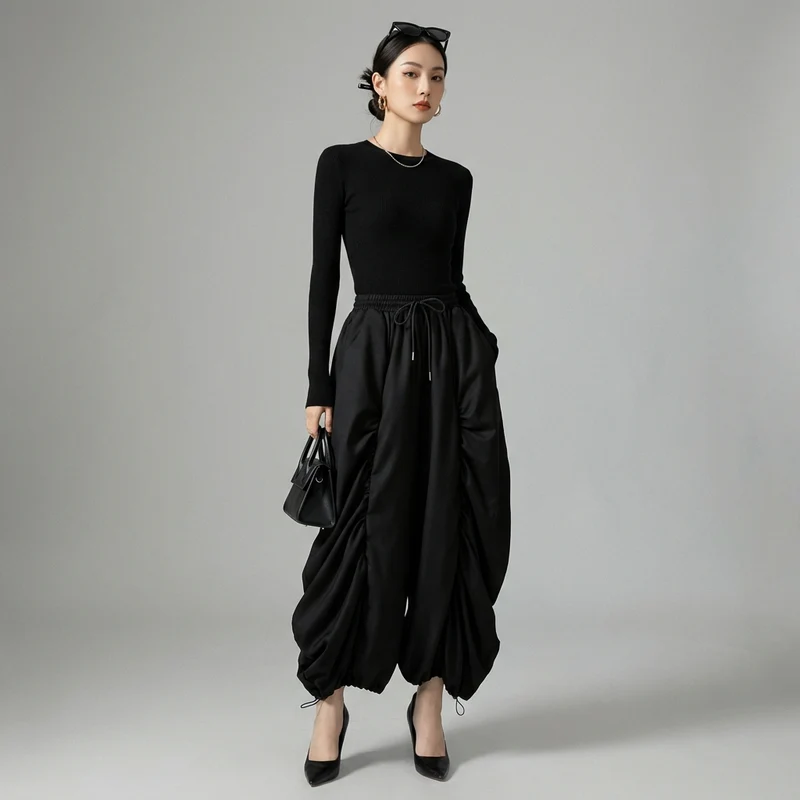 Pantalon Large Taille Haute Noir