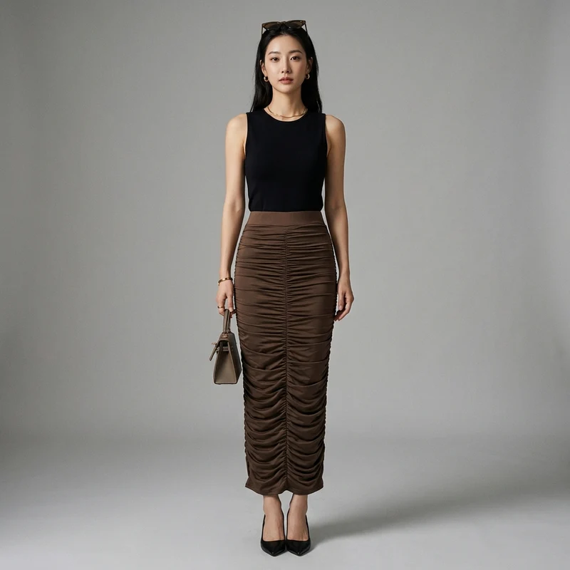 Jupe Longue Plissée Taille Haute