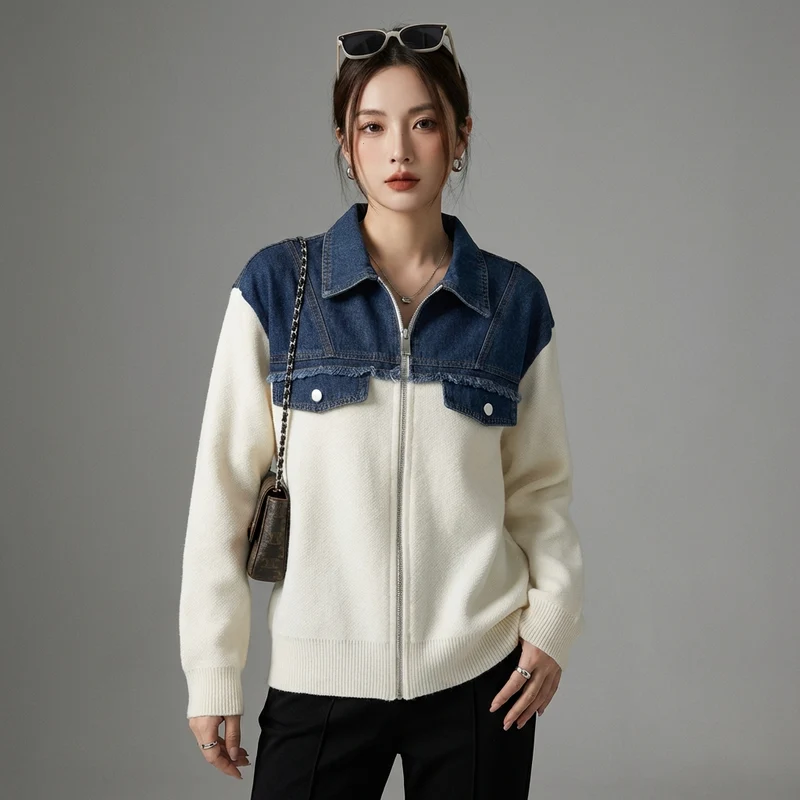 Gilet Zippé Denim et Maille
