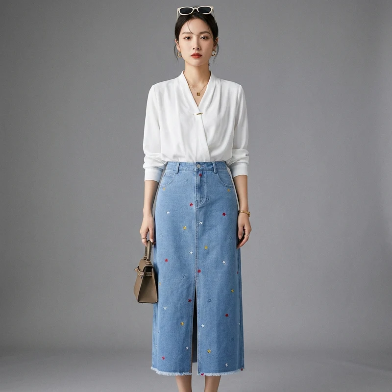 Jupe Longue Denim Étoiles