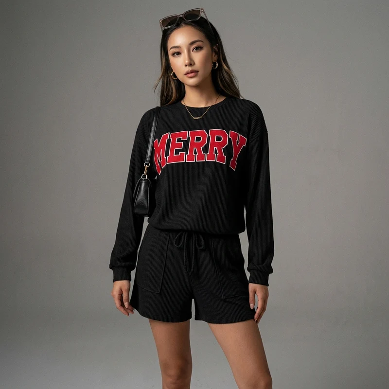 MERRY Round Neck Long Sleeve Top and Shorts Set