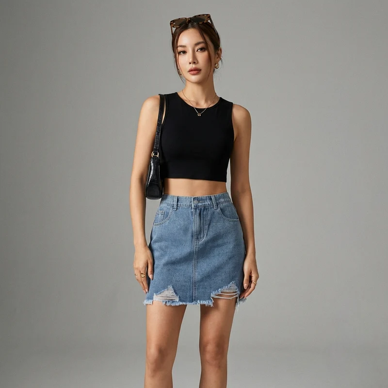 Jupe Denim Effilochée Tendance