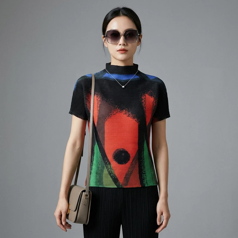 T-shirt Col Montant Imprimé Géométrique