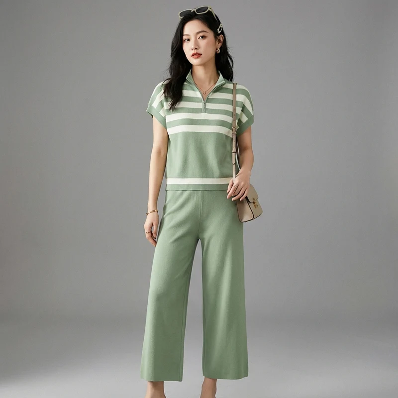 Ensemble Rayé Top Zippé et Pantalon Large