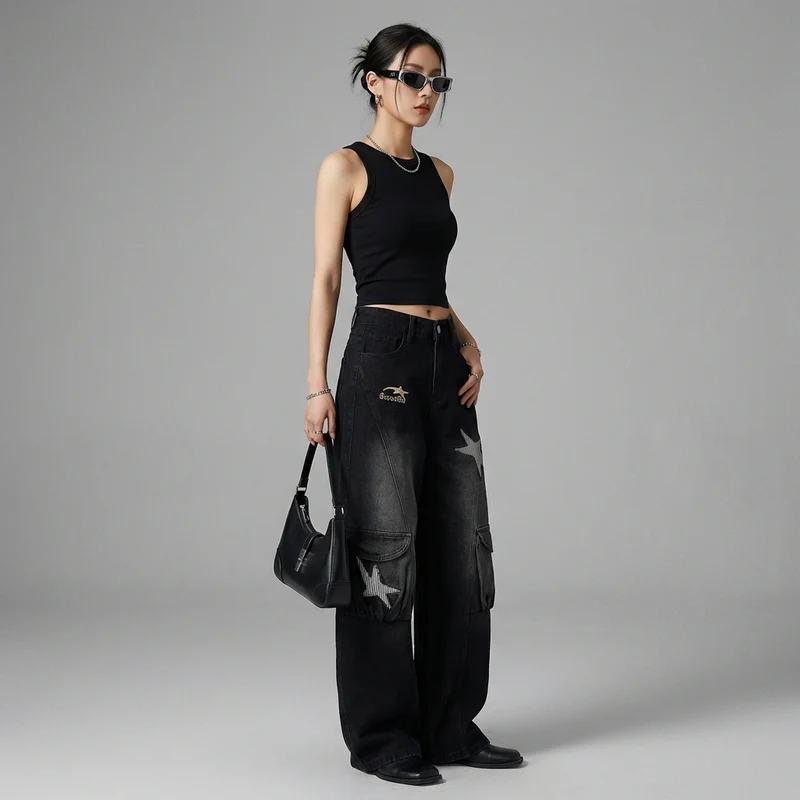 Pantalon Denim Large Rétro