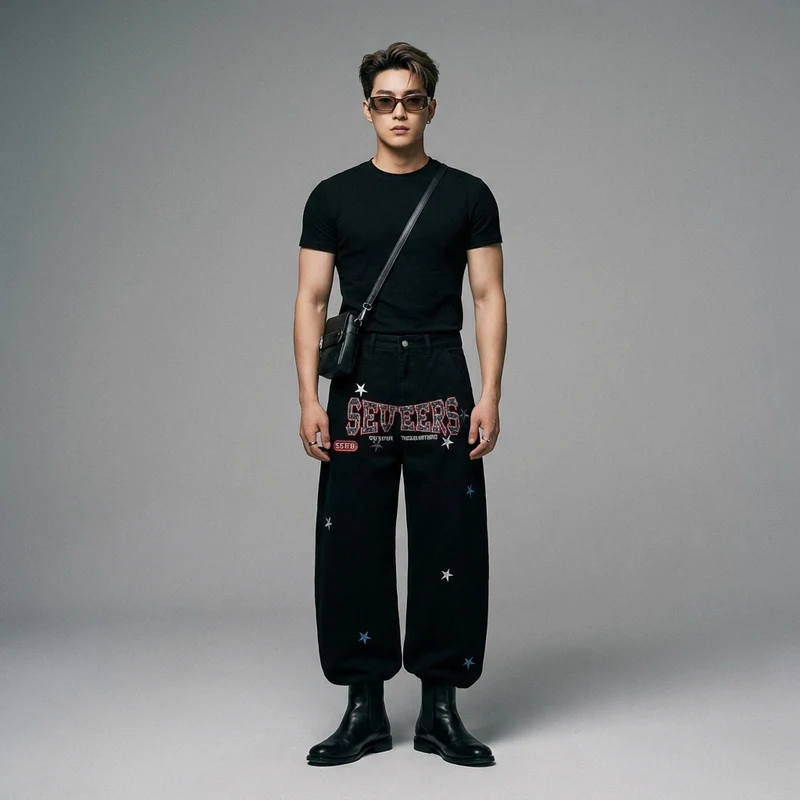 Pantalon Large Brodé Décontracté
