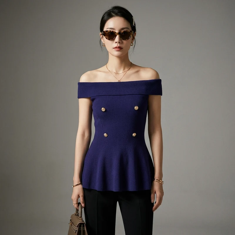 T-shirt Tricoté Asymétrique Épaule Dénudée