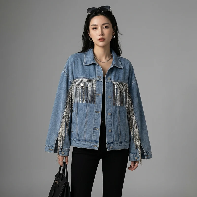 Veste Courte en Denim Franges et Chaînes