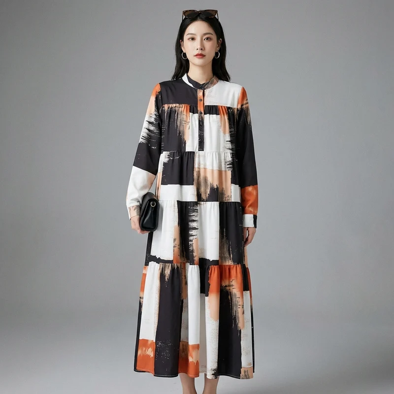 Robe Longue Imprimée Col Montant