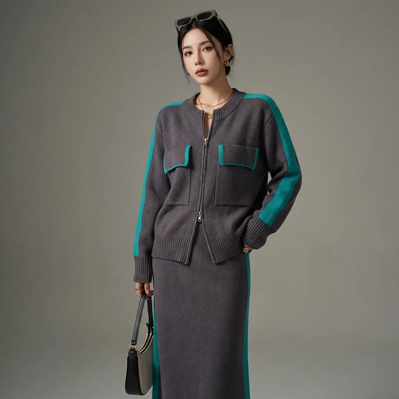 Ensemble Pull Cardigan et Jupe Tricotée