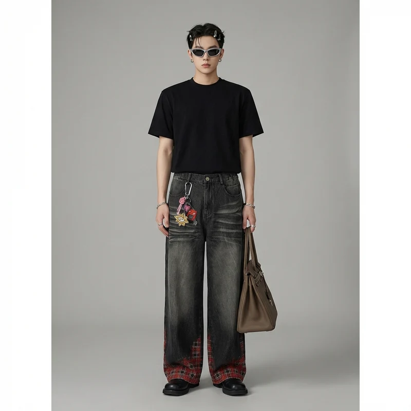 Pantalon Denim Large Carreaux