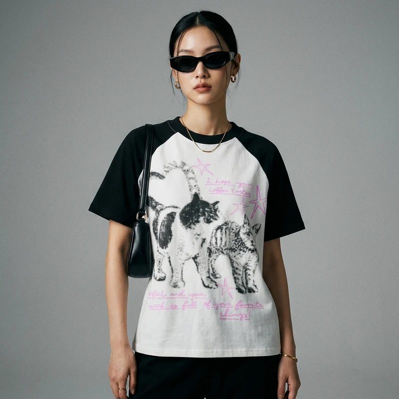 T-Shirt Court Imprimé Chat Rétro