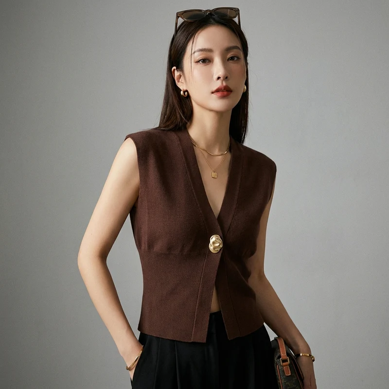 Gilet Pull Tricoté Col V Boutonné