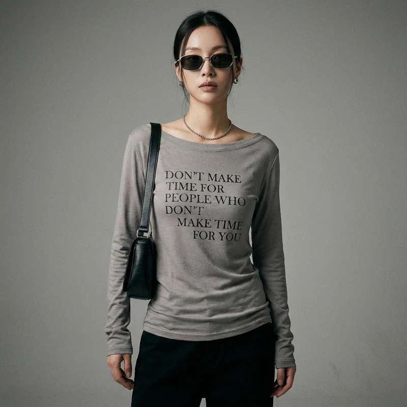 T-shirt Manches Longues Imprimé Épaule Dénudée