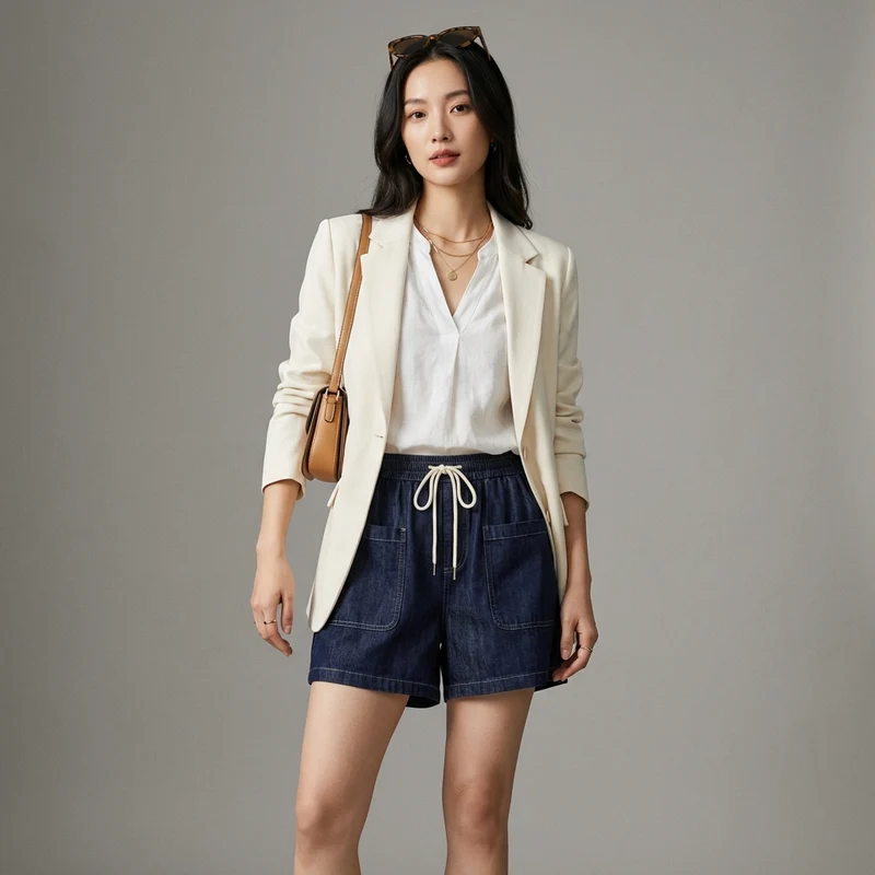 Short en Denim Taille Double