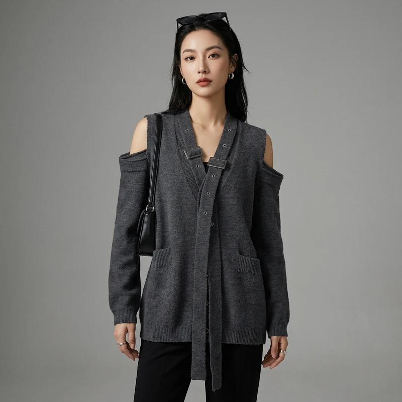 Cardigan Tricoté Col V Épaule Dénudée