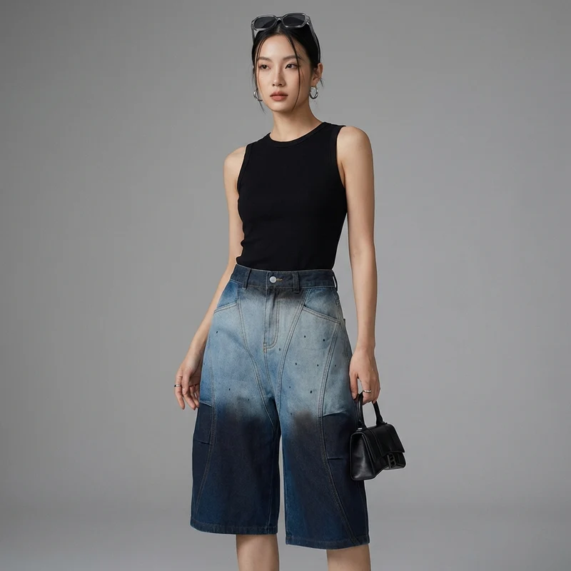 Pantalon Denim Cropped Courbé